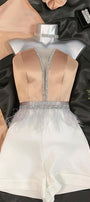 MINI CROP TOP AND PANTS SET 2 PARTS TRICOT SATIN ROSE GOLD AND WHITE