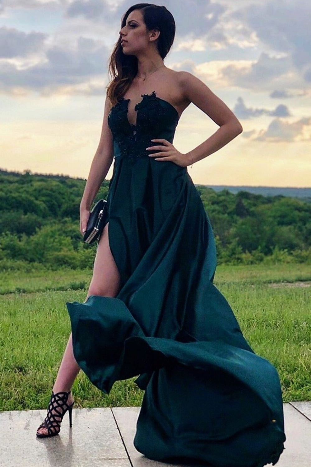 MAXI SKIRT AND CROP TOP SET ILONA LACE SATIN DARK GREEN
