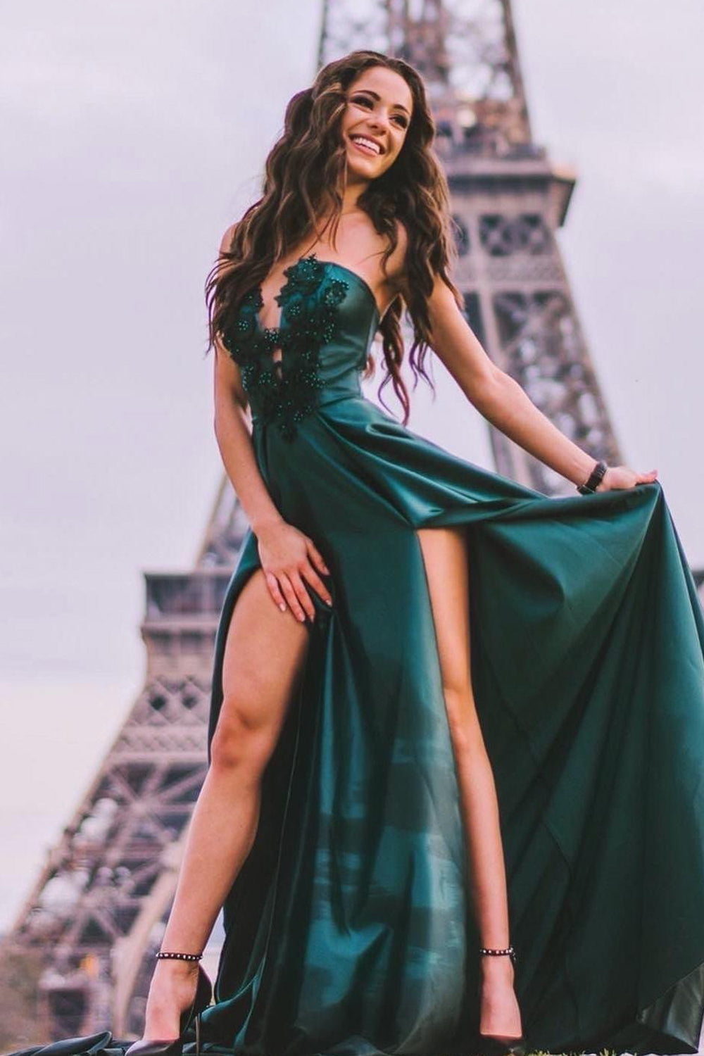 MAXI SKIRT AND CROP TOP SET ILONA LACE SATIN DARK GREEN