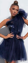 MINI SKIRT AND CROP TOP SET BALLERINA SEQUIN TULLE DARK BLUE