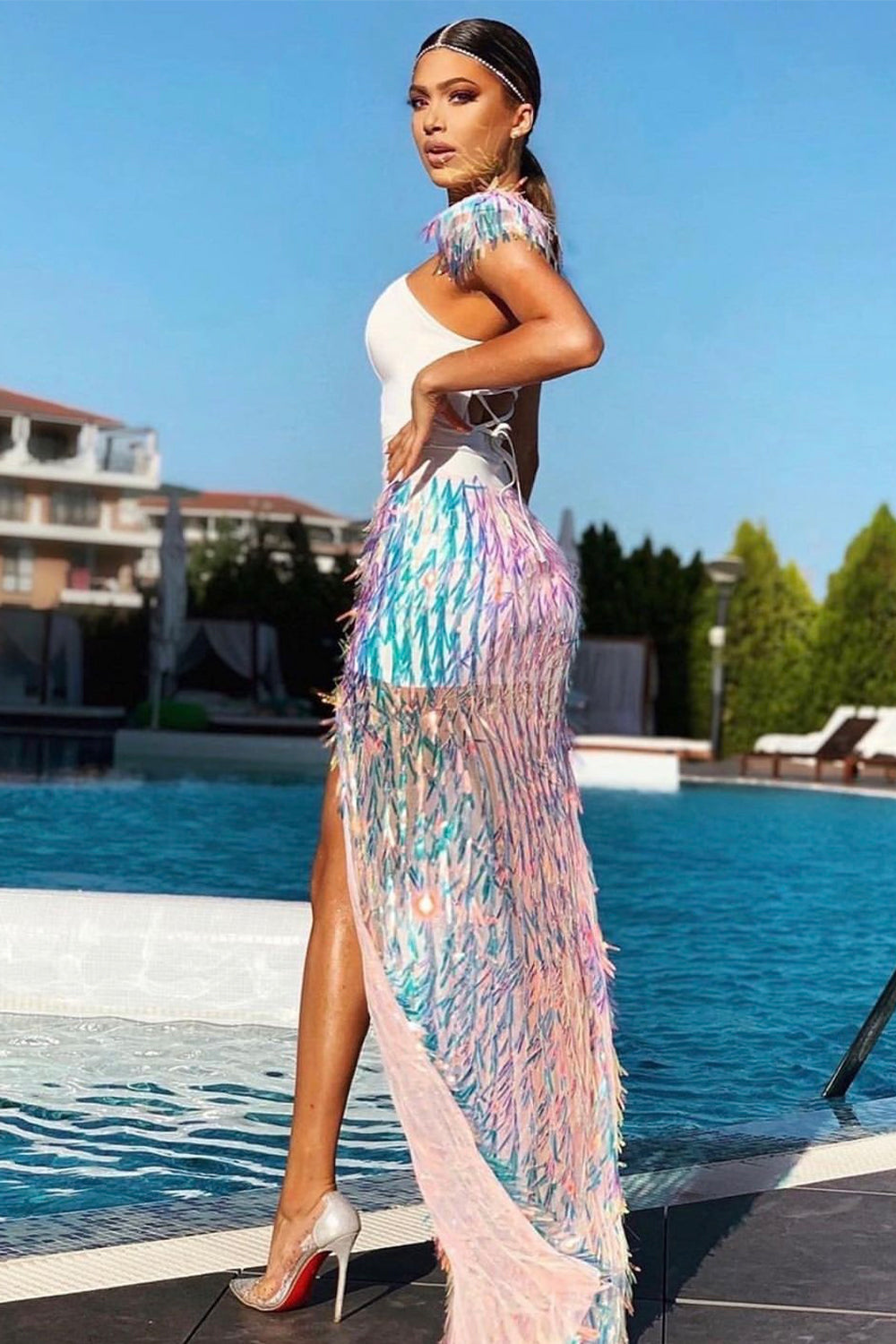 MAXI 3 PIECE DRESS SUSAN TRICOT SEQUIN WHITE