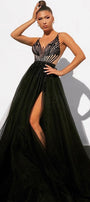 MAXI SKIRT AND CROP TOP SET ZAHIR SEQUIN TULLE BLACK AND NUDE