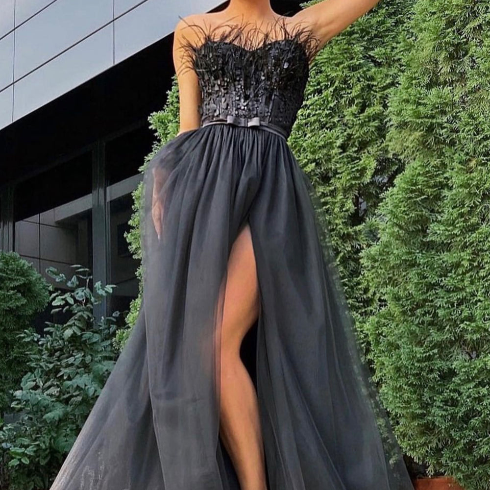 MAXI SKIRT AND CROP TOP SET PENELOPE LACE FEATHERS TULLE BLACK
