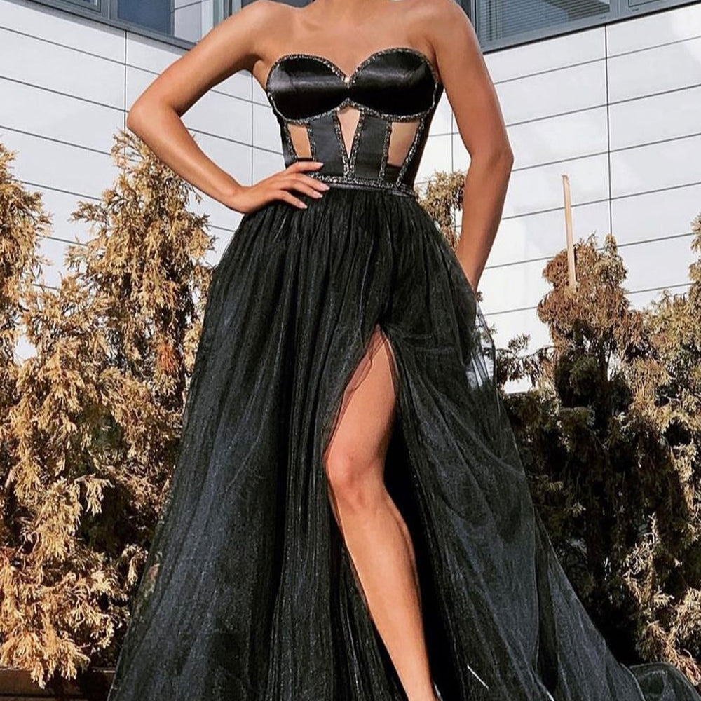 MAXI CONJUNTO 2 PIEZAS TOP CON FALDA EFFIE SATÍN TUL NEGRO