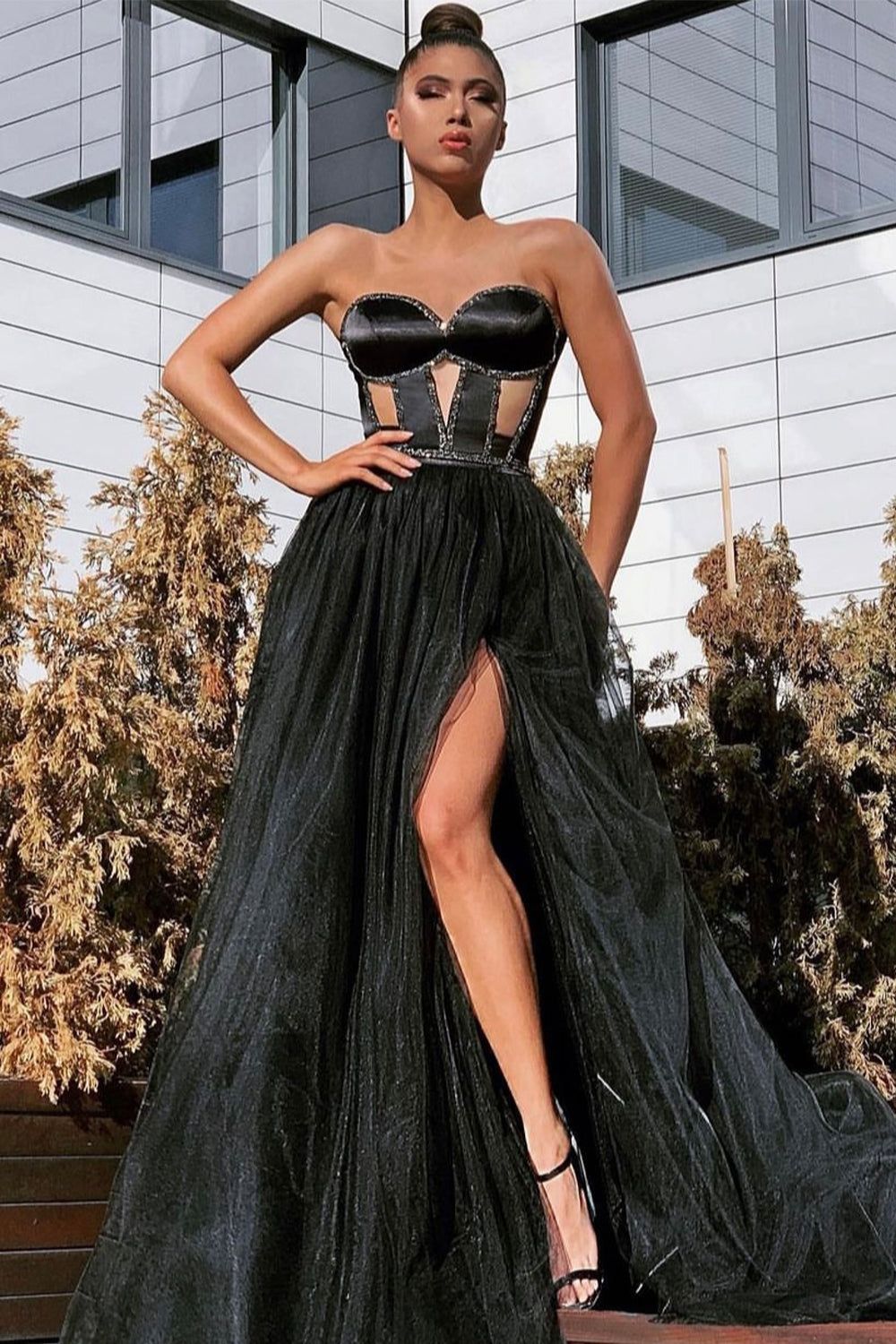 MAXI SKIRT AND CROP TOP SET PARTS EFFIE SATIN TULLE BLACK – Lorreti