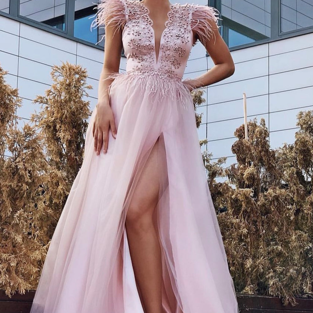 MAXI SKIRT AND CROP TOP SET LENA PEARL LACE TULLE FEATHERS POWDER PINK