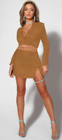 MINI SKIRT AND CROP TOP SET 2 PARTS SATIN LIGHT CHOCOLATE