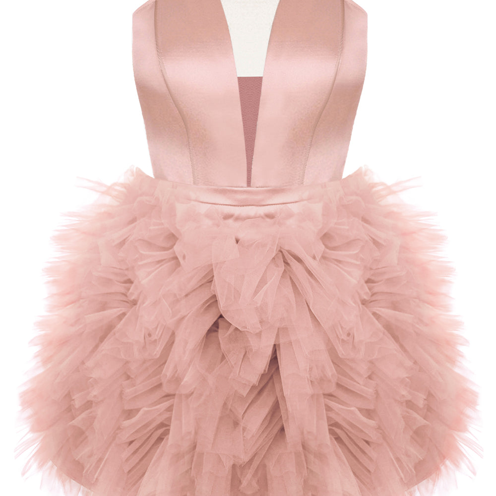 MINI SKIRT AND CROP TOP SET VENERA SATIN TULLE POWDER PINK