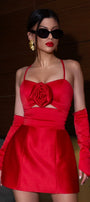 MINI SET TOP CU FUSTA LOREN SATIN ROSU