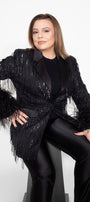 MAXI CONJUNTO CHAQUETA Y PANTALON AMANDA LENTEJUELAS PLUMAS NEGRO