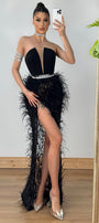 MAXI SKIRT AND CROP TOP SET CASSANDRA TRICOT LAME FEATHERS BLACK AND NUDE