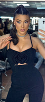 MAXI CROP TOP AND PANTS SET BRITTANY TRICOT LAME BLACK