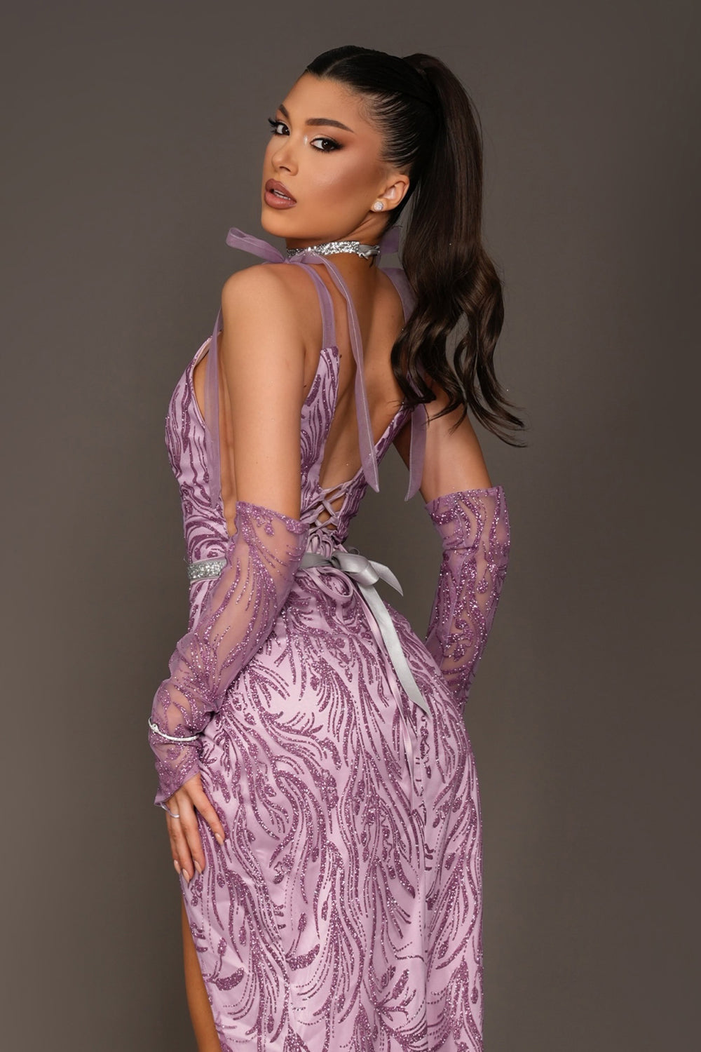 GLOVES GLITTER LACE LAVENDER