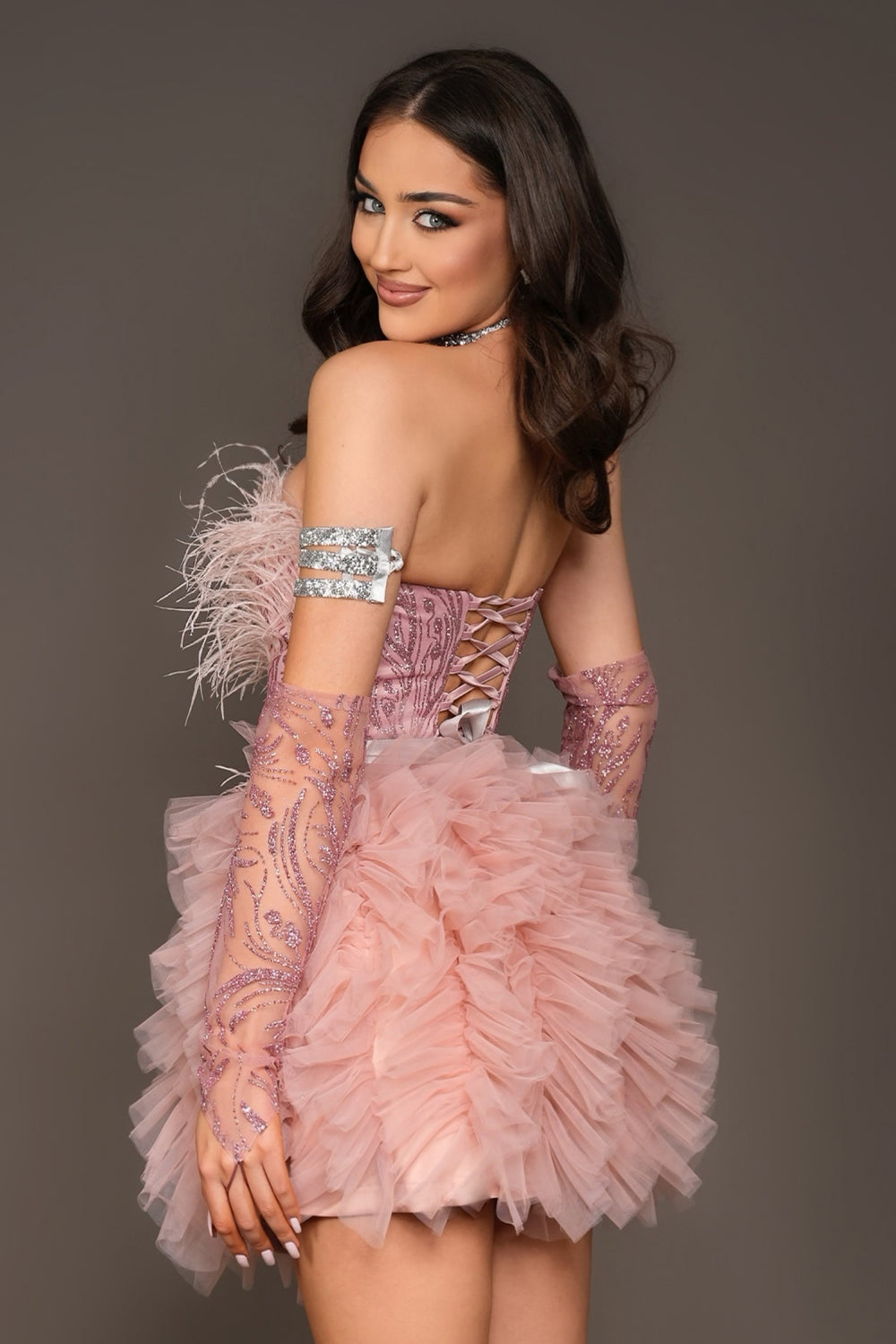 GLOVES GLITTER LACE POWDER PINK