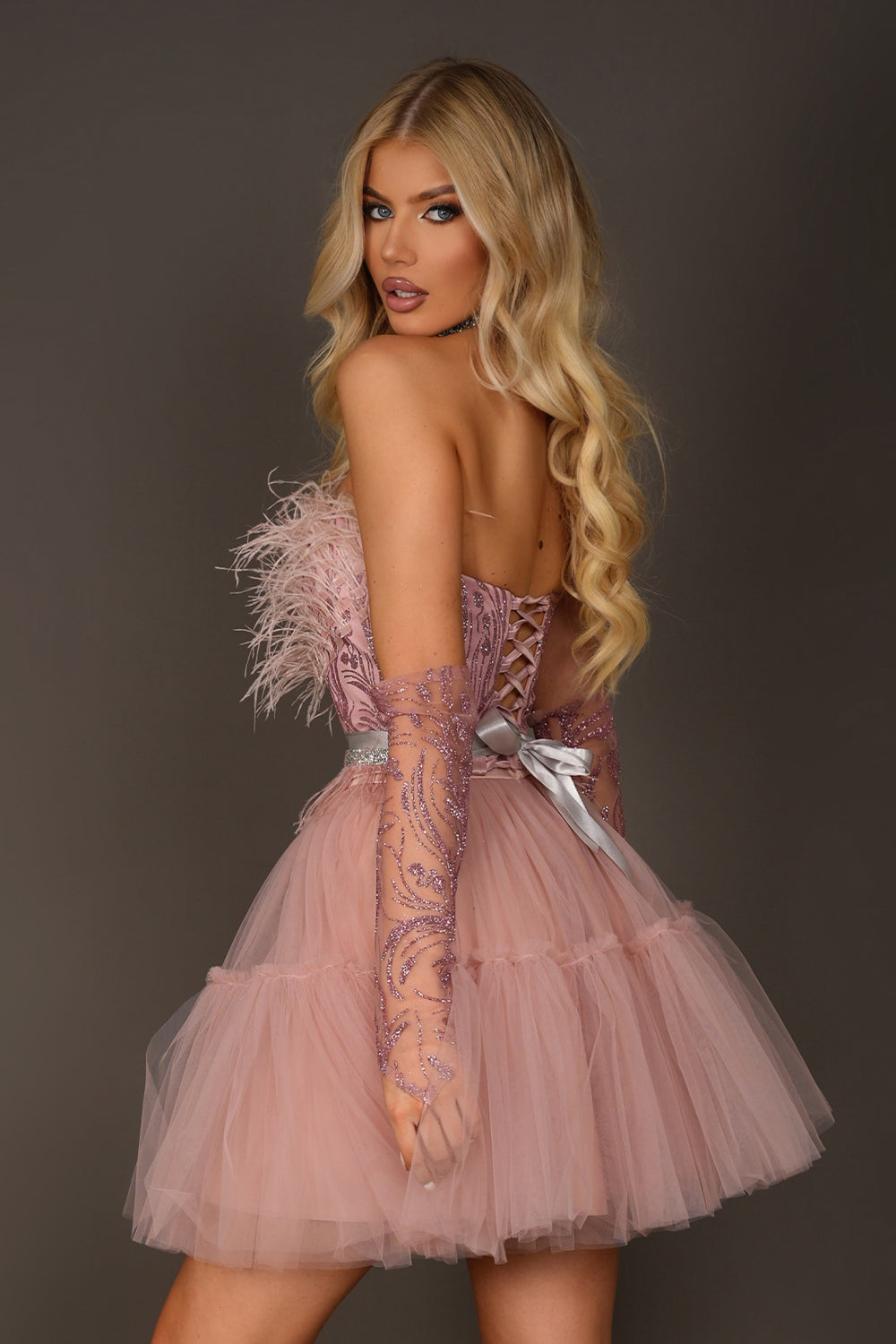 GLOVES GLITTER LACE POWDER PINK