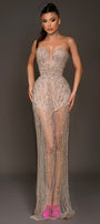 MAXI DRESS CHAMPAGNE RHINESTONE SATIN CHAMPAGNE