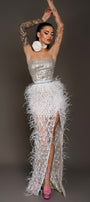 MAXI SKIRT AND CROP TOP SET ESMERALDA SEQUIN GLITTER LACE FEATHERS SILVER WHITE AND NUDE