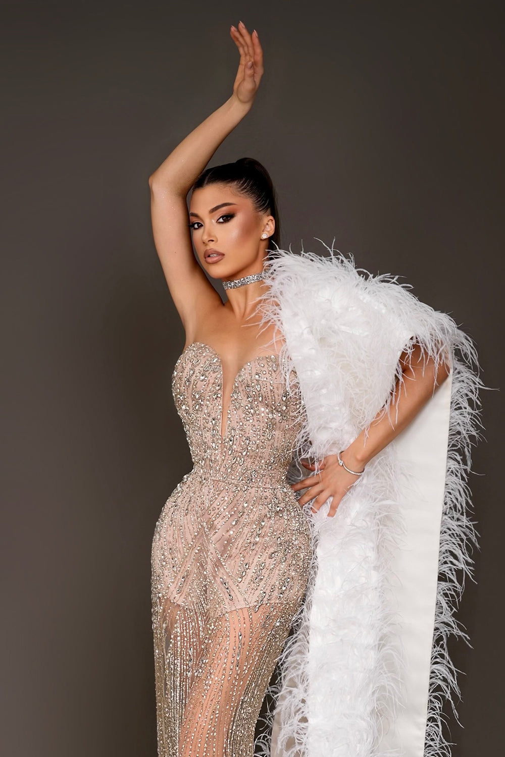 MAXI SET DRESS AND SCARF RHINESTONE SATIN CHAMPAGNE FEATHERS CHAMPAGNE AND WHITE