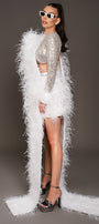 MAXI CONJUNTO TOP CON FALDA Y BUFANDA STELLA LENTEJUELAS PLUMAS BLANCO