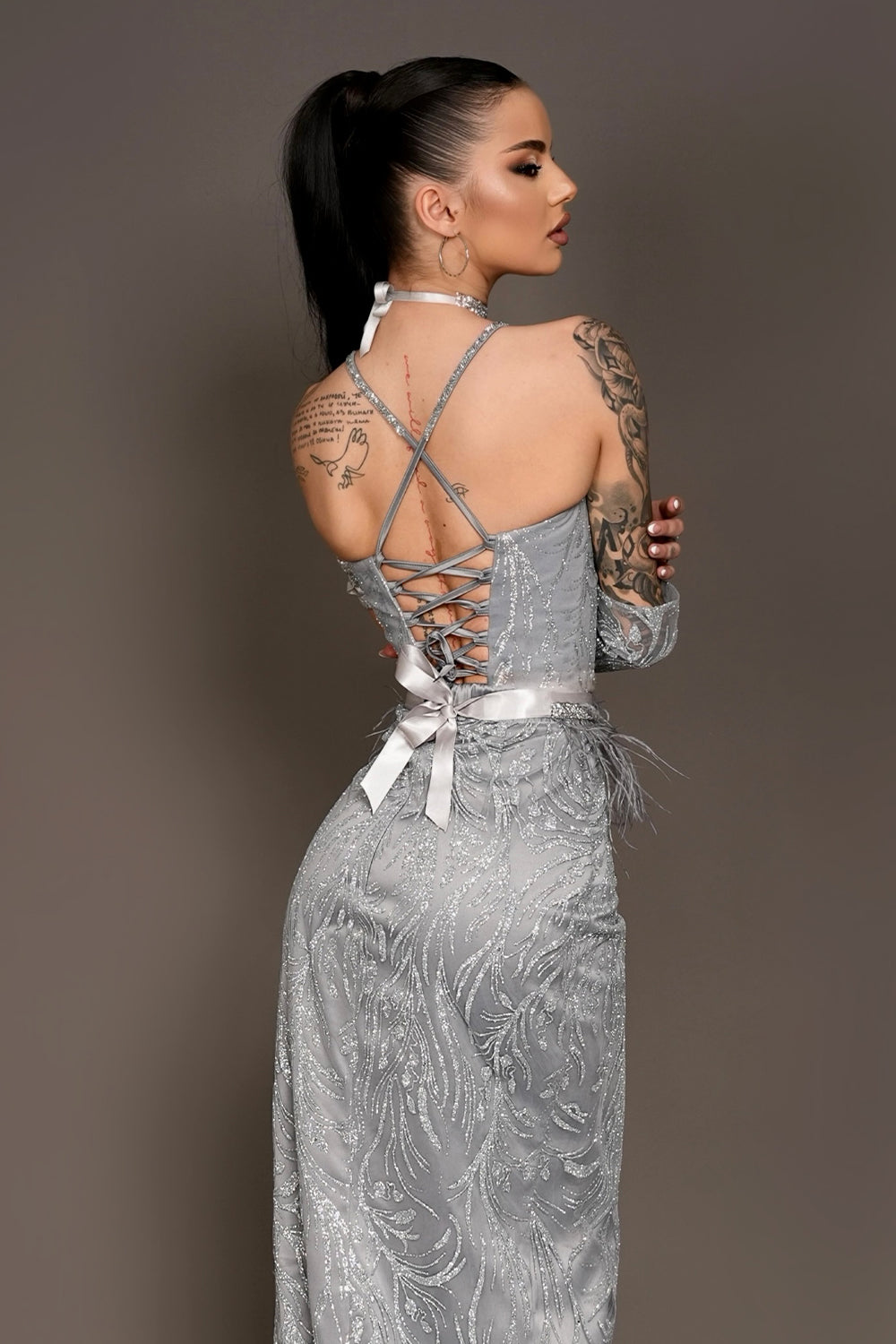 GUANTES ЕNCAJE BRILLANTE GRIS OSCURO