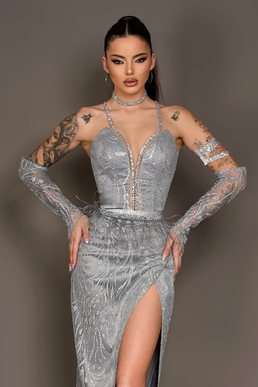 GUANTES ЕNCAJE BRILLANTE GRIS OSCURO