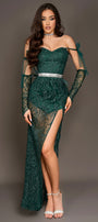 MAXI SKIRT AND CROP TOP SET NORA GLITTER LACE DARK GREEN