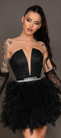 MINI SKIRT AND CROP TOP SET AMIRI GLITTER LACE TULLE BLACK