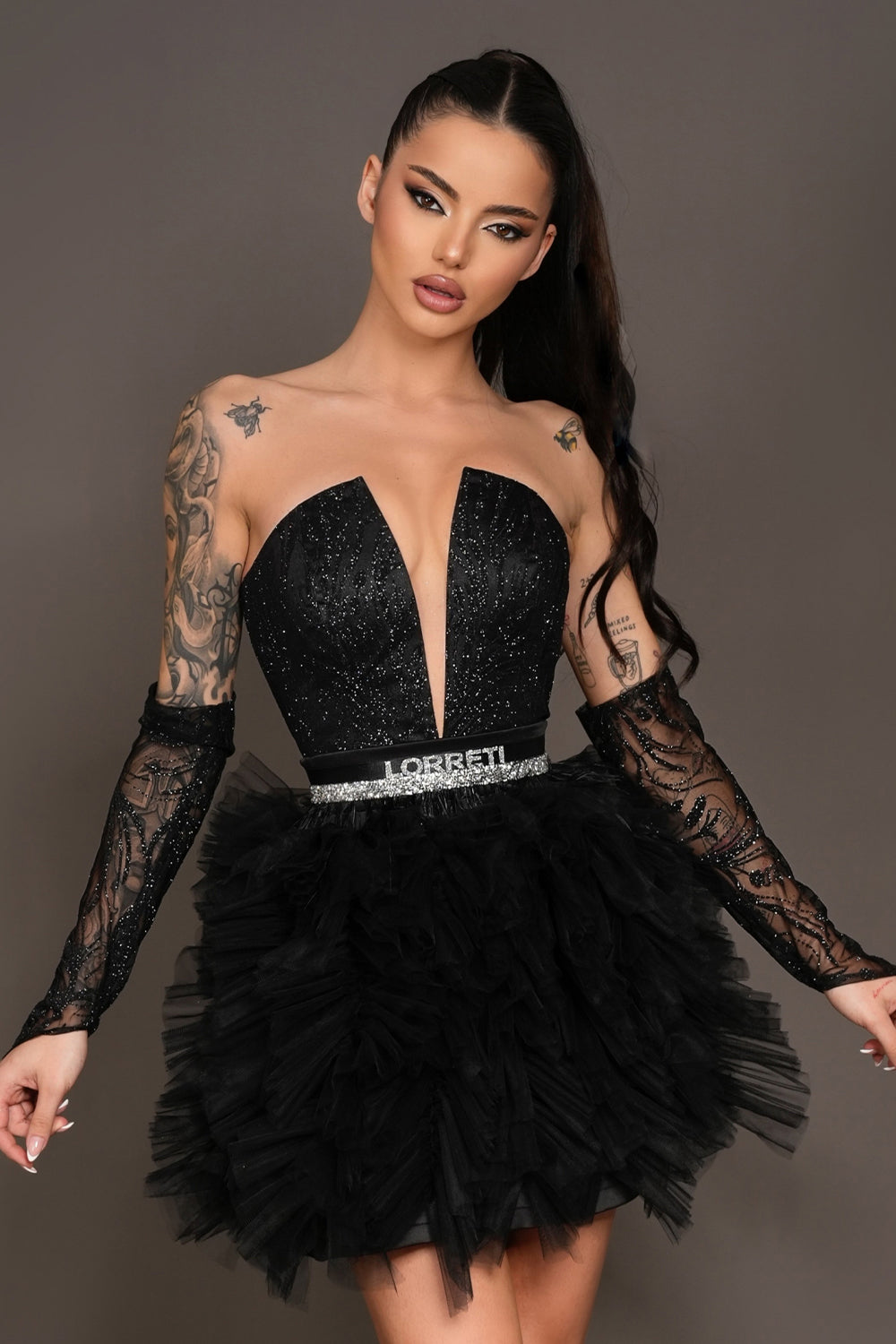 MINI SKIRT AND CROP TOP SET AMIRI GLITTER LACE TULLE BLACK