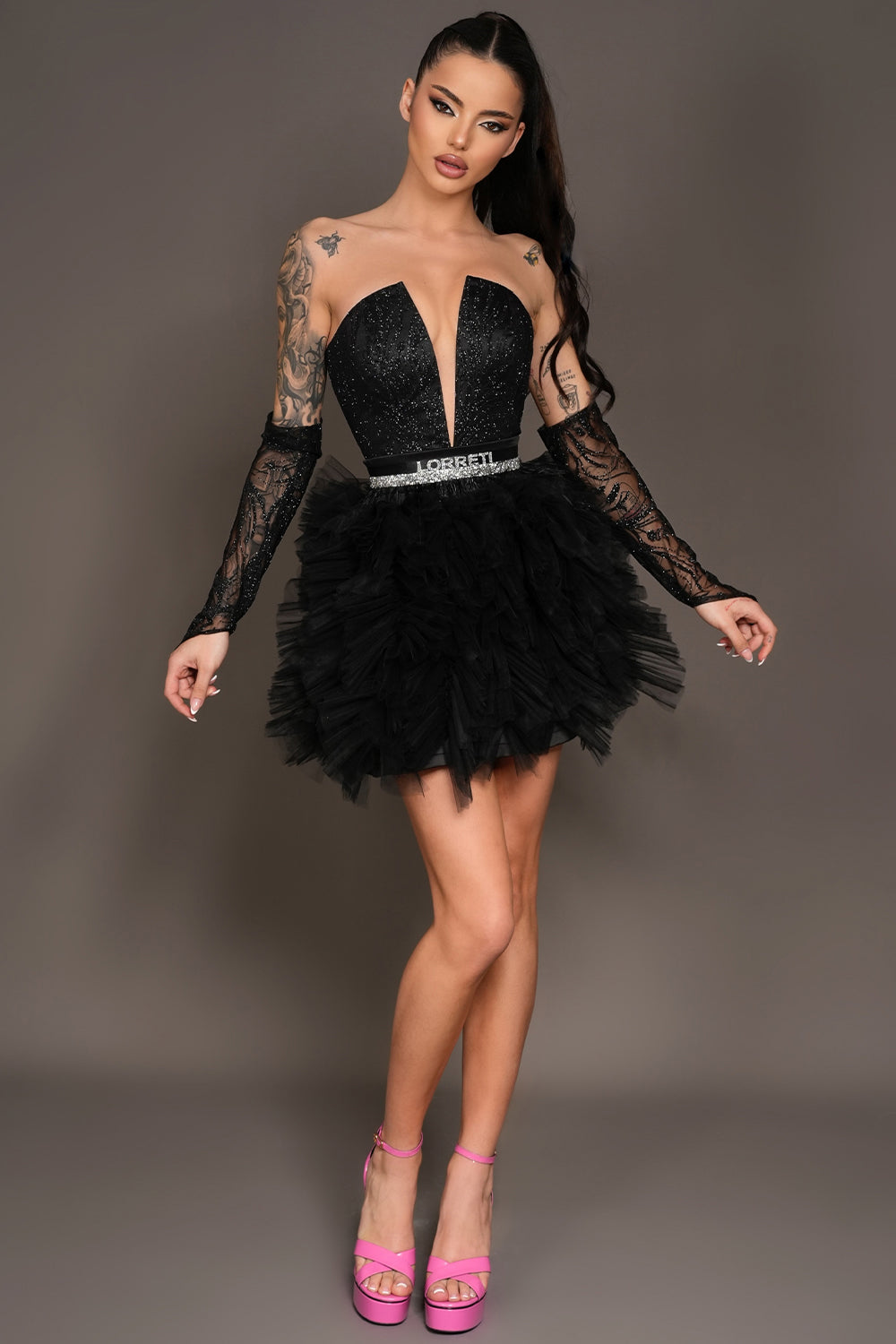 MINI SKIRT AND CROP TOP SET AMIRI GLITTER LACE TULLE BLACK