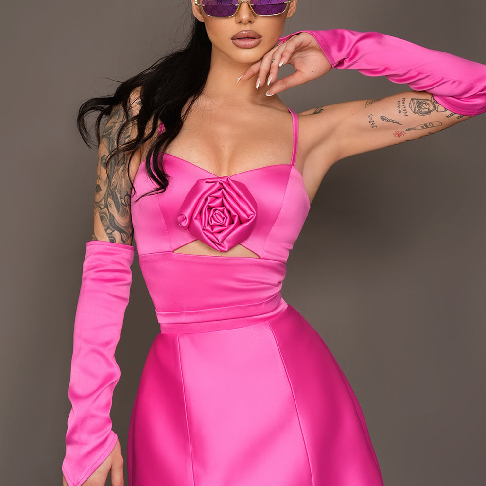 MINI SET TOP CU FUSTA LOREN SATIN ROZ APRINS