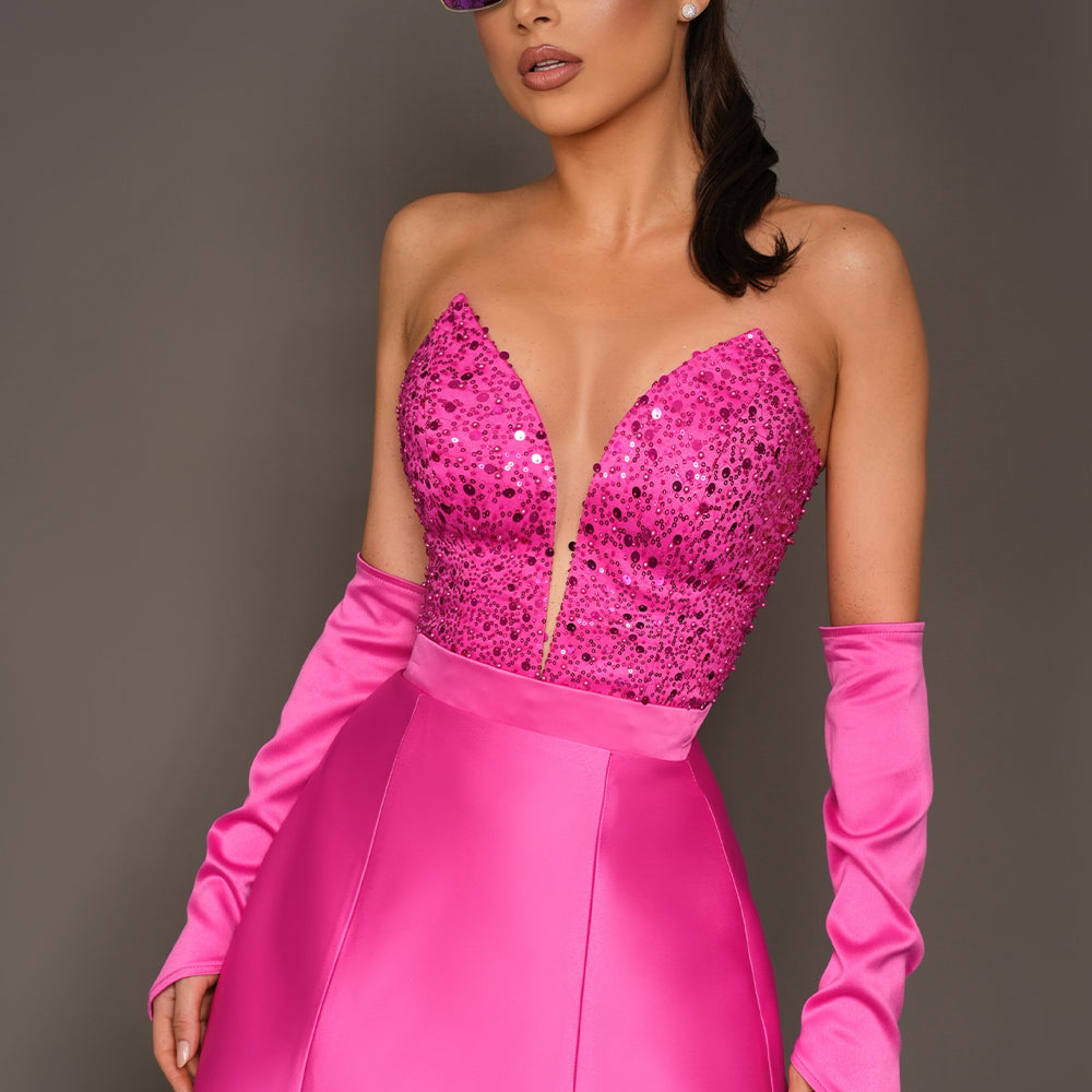 MINI CONJUNTO TOP CON FALDA EVELYN LENTEJUELAS SATÍN ROSA FUERTE