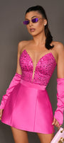 MINI CONJUNTO TOP CON FALDA EVELYN LENTEJUELAS SATÍN ROSA FUERTE
