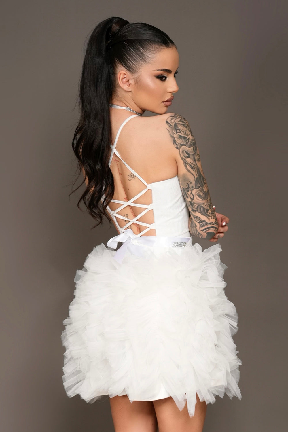 MINI SKIRT AND CROP TOP SET NELLIE GLITTER LACE TULLE WHITE