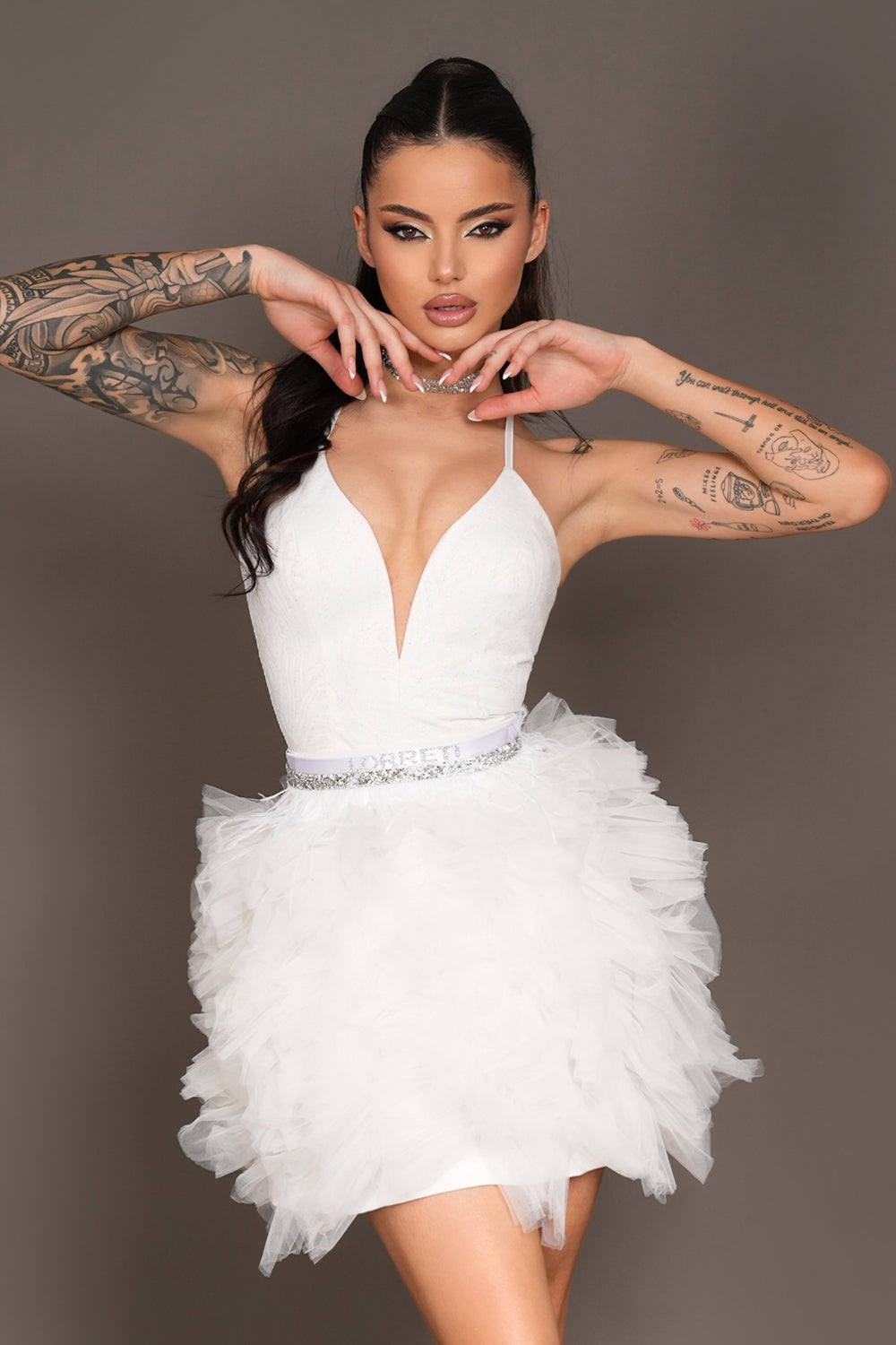 MINI SKIRT AND CROP TOP SET NELLIE GLITTER LACE TULLE WHITE