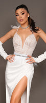 MAXI SKIRT AND CROP TOP SET SAMANTHA GLITTER LACE SATIN WHITE AND NUDE