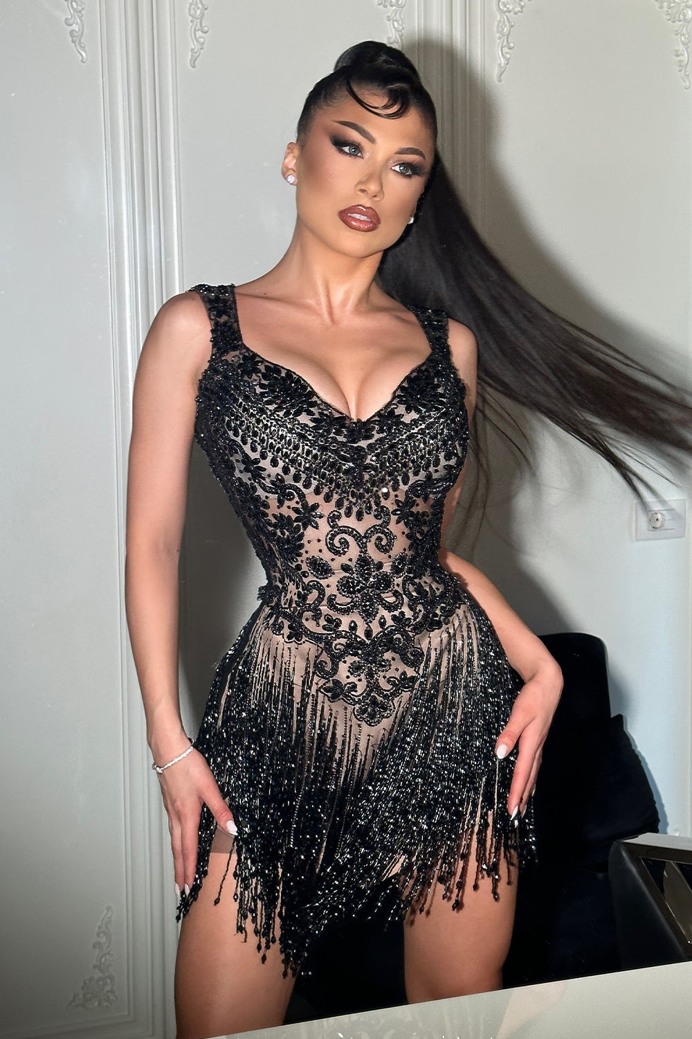 MINI DRESS DIAMOND RHINESTONE SATIN BLACK AND NUDE