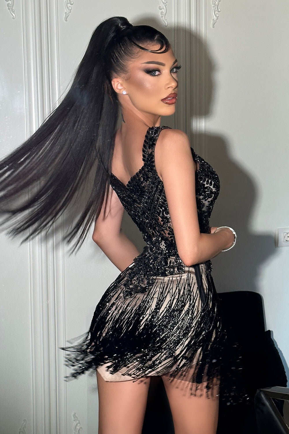 MINI DRESS DIAMOND RHINESTONE SATIN BLACK AND NUDE