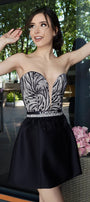MINI SKIRT AND CROP TOP SET ELINA GLITTER LACE SATIN NUDE AND BLACK