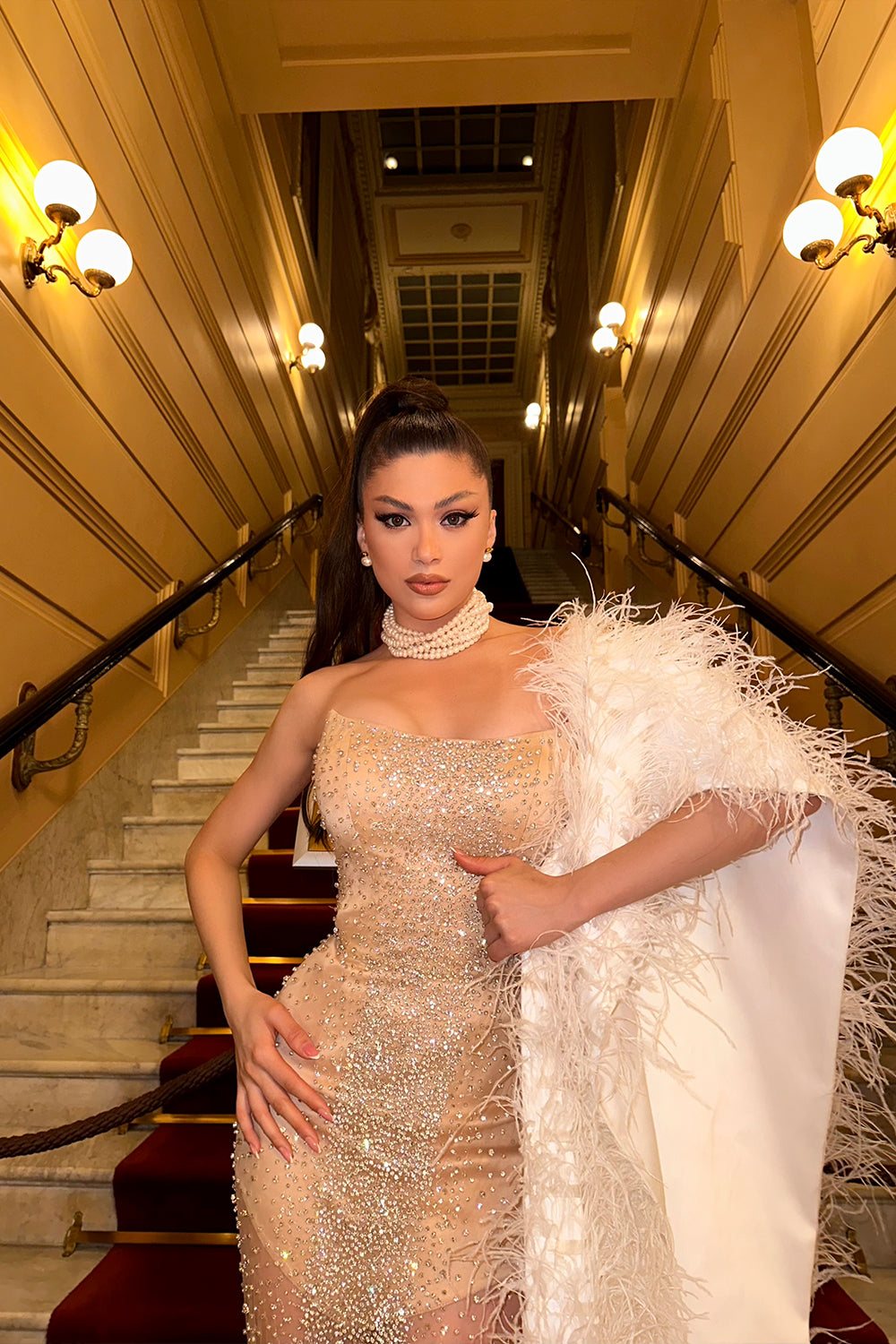 MAXI SET DRESS AND SCARF MONACO RHINESTONE SATIN CHAMPAGNE FEATHERS CHAMPAGNE AND WHITE