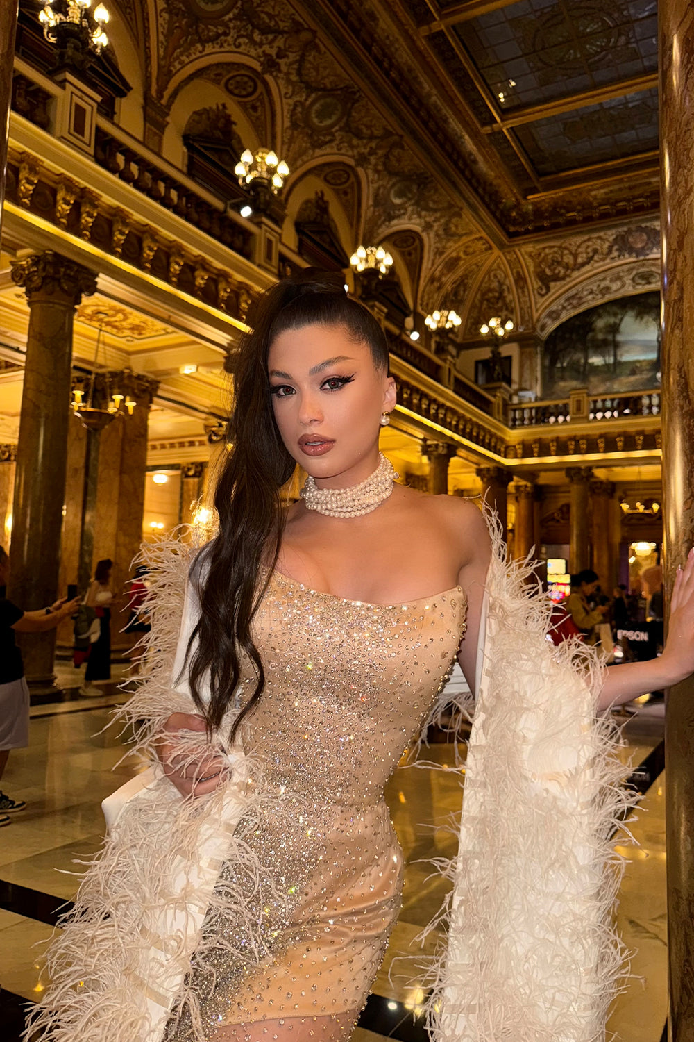 MAXI SET DRESS AND SCARF MONACO RHINESTONE SATIN CHAMPAGNE FEATHERS CHAMPAGNE AND WHITE