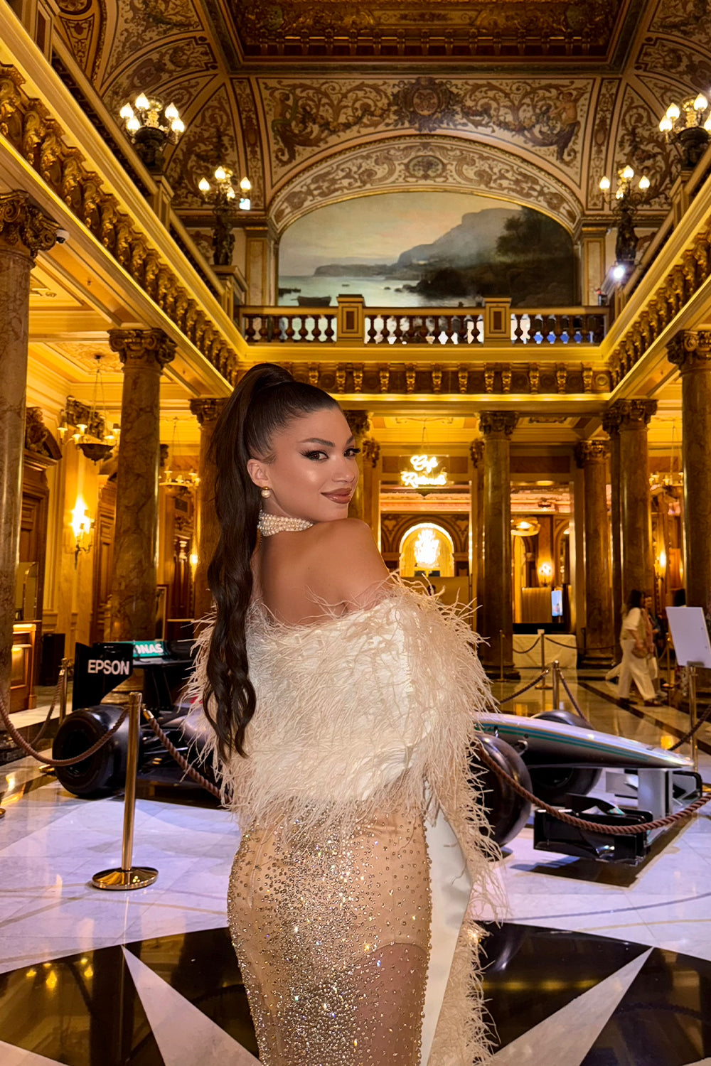 MAXI SET DRESS AND SCARF MONACO RHINESTONE SATIN CHAMPAGNE FEATHERS CHAMPAGNE AND WHITE