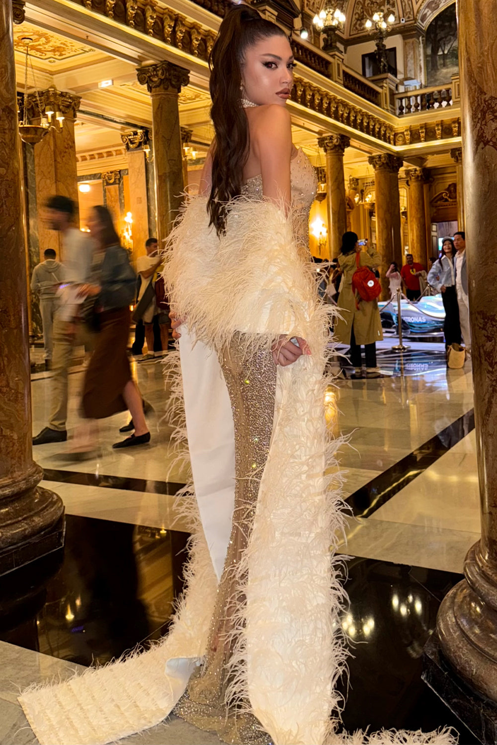 MAXI SET DRESS AND SCARF MONACO RHINESTONE SATIN CHAMPAGNE FEATHERS CHAMPAGNE AND WHITE