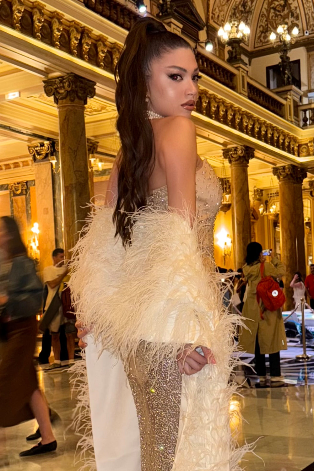 MAXI SET DRESS AND SCARF MONACO RHINESTONE SATIN CHAMPAGNE FEATHERS CHAMPAGNE AND WHITE