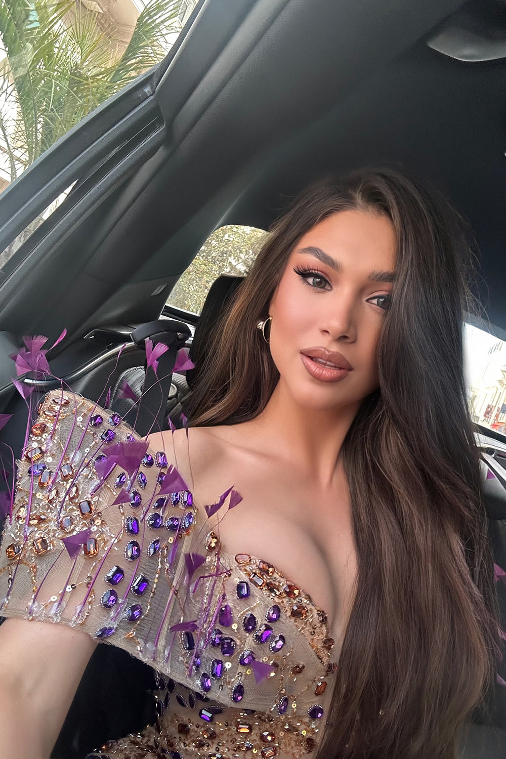 MAXI DRESS RED CARPET RHINESTONE GOLDEN AND PURPLE