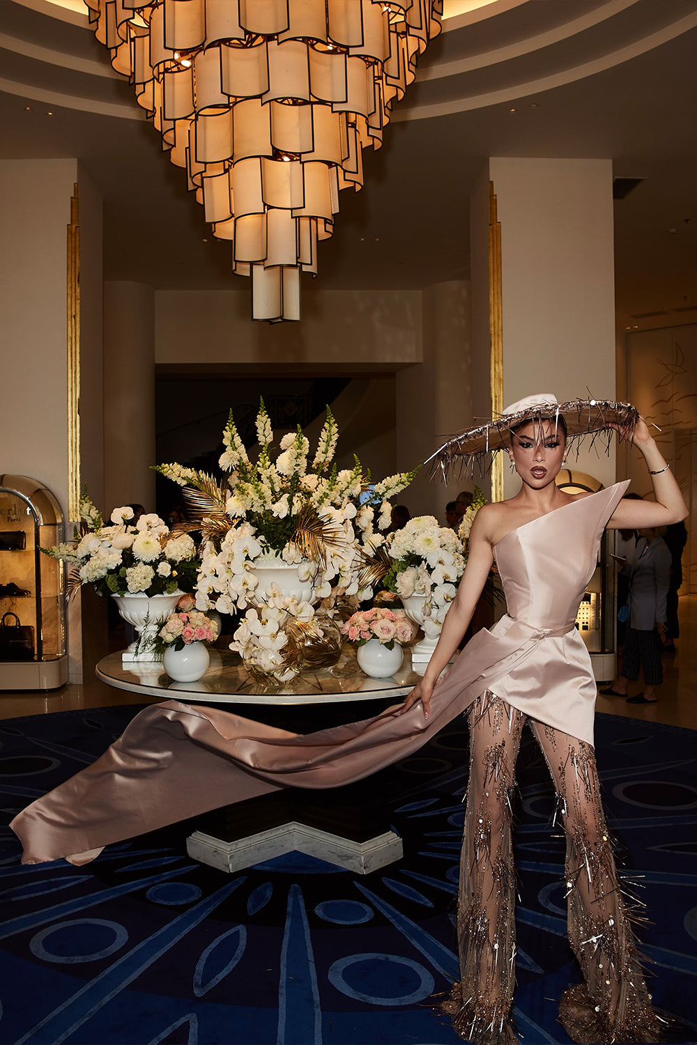 MAXI CROP TOP AND PANTS AND HAT SET CANNES SATIN ROSE GOLD