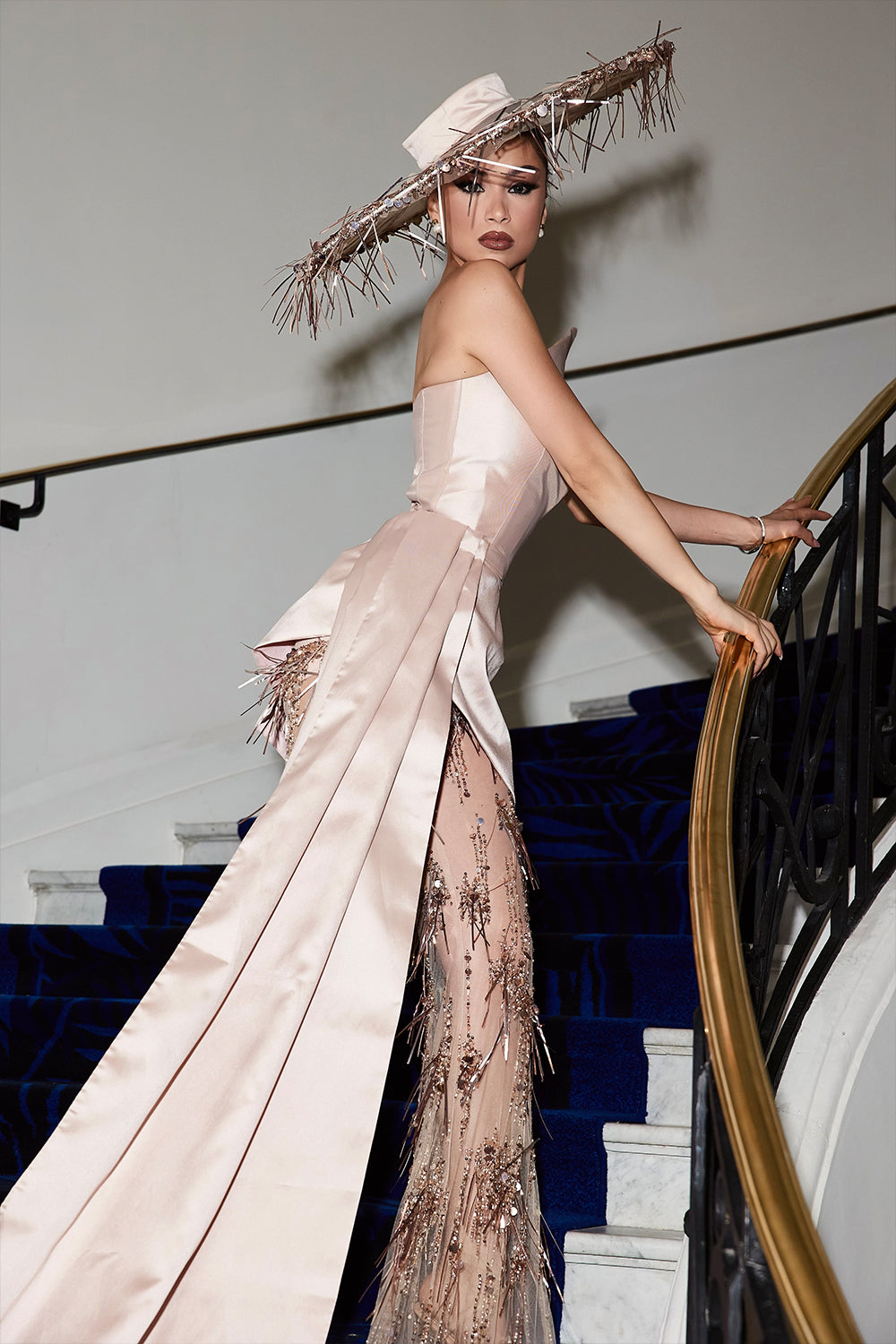 MAXI CROP TOP AND PANTS AND HAT SET CANNES SATIN ROSE GOLD