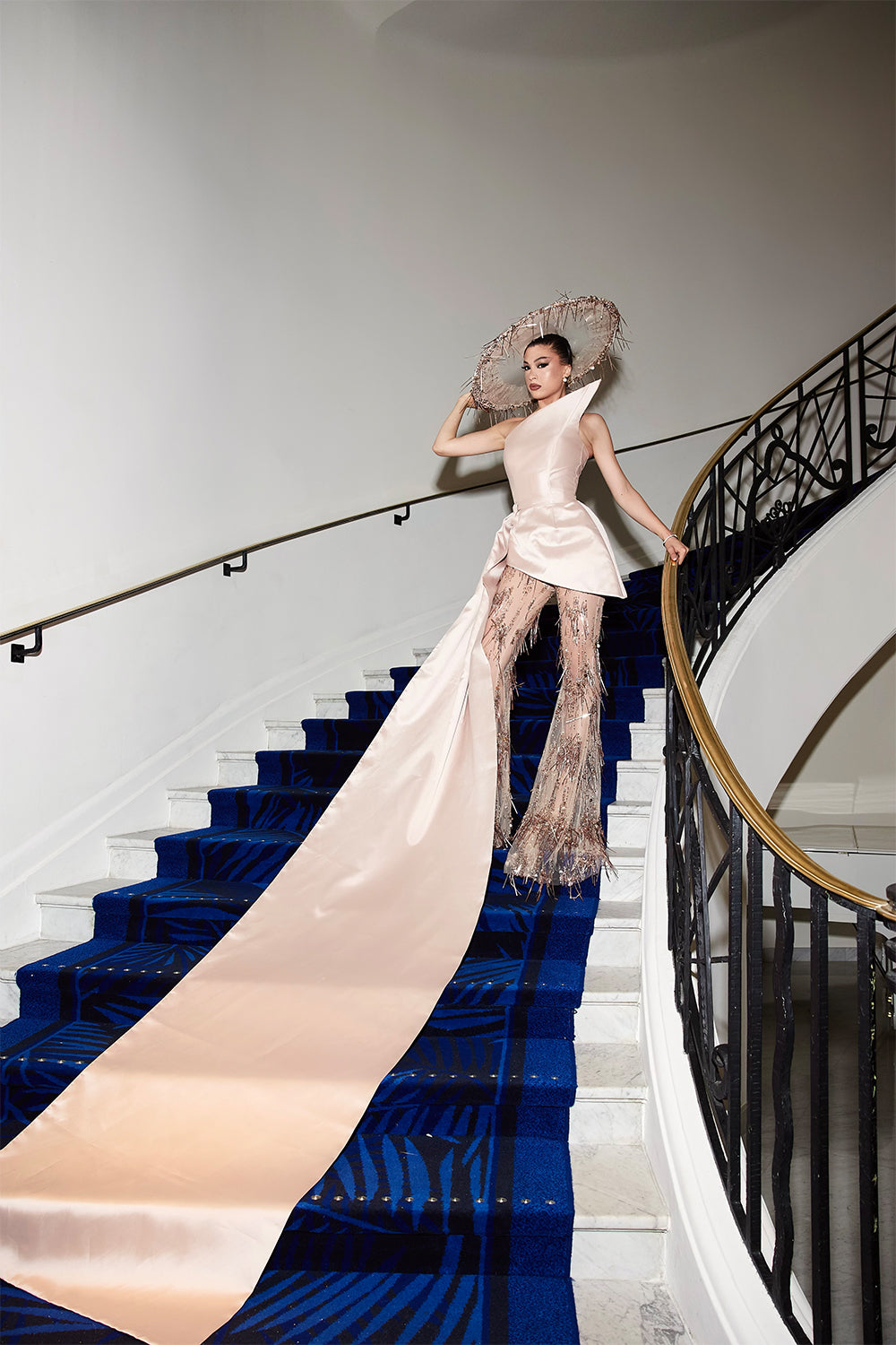 MAXI CROP TOP AND PANTS AND HAT SET CANNES SATIN ROSE GOLD