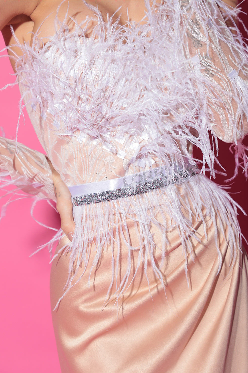 BELT MARABU 1A FEATHERS RHINESTONE WHITE