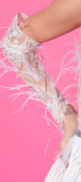 GLOVES GLITTER LACE FEATHERS WHITE