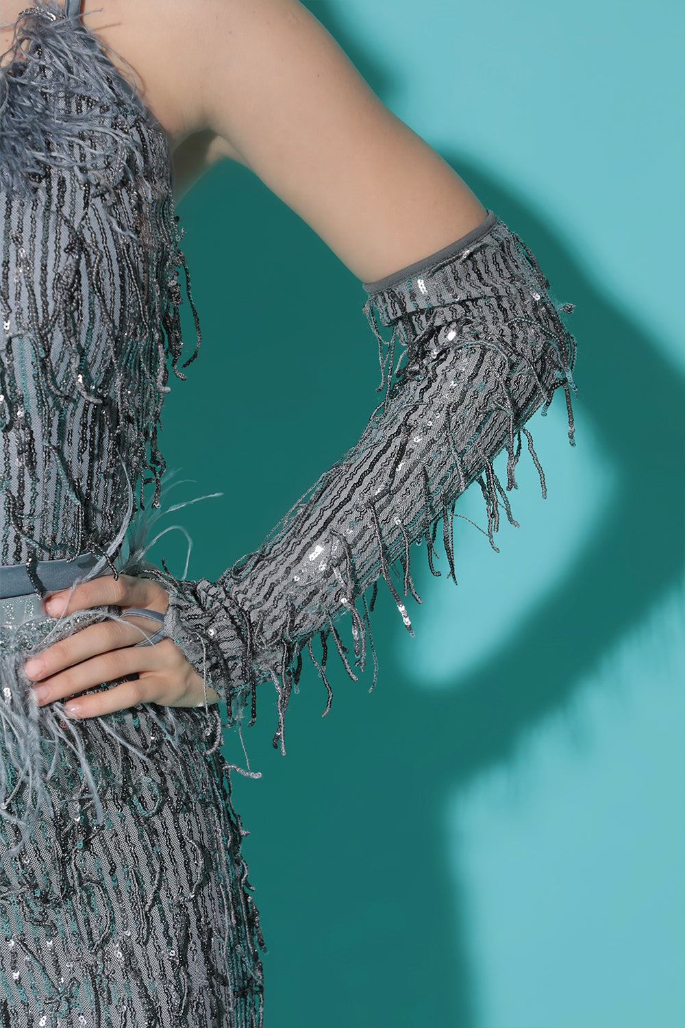 MAXI CROP TOP AND PANTS SET DANIELA SEQUIN FEATHERS DARK GREY